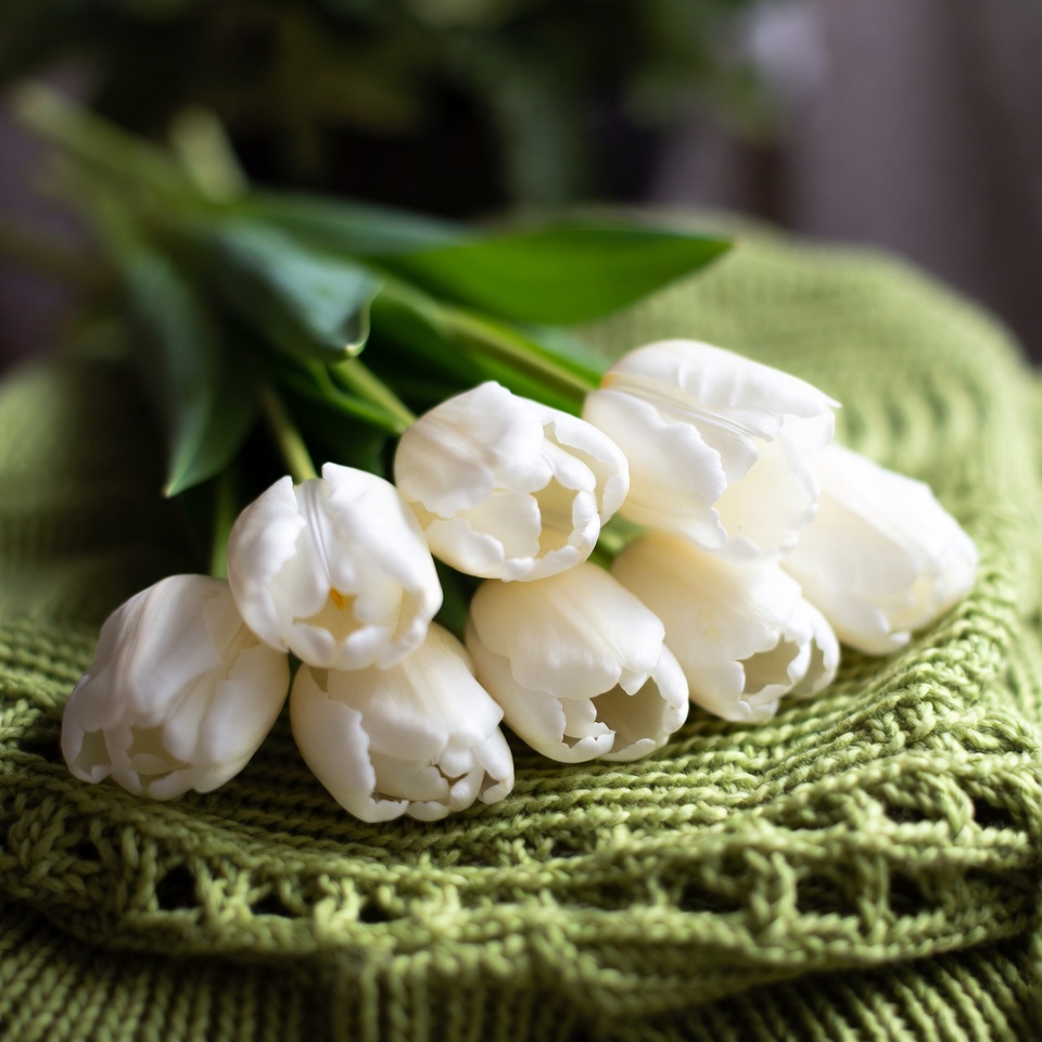 White tulips on green knit fabric White tulips on green knit fabric