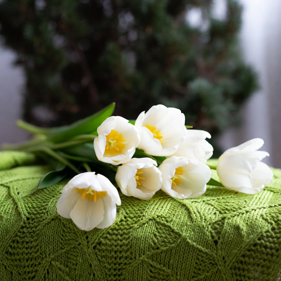 White Tulips on Green Knitted Fabric White Tulips on Green Knitted Fabric