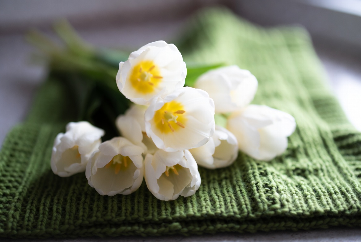 White tulips on green knitted fabric White tulips on green knitted fabric