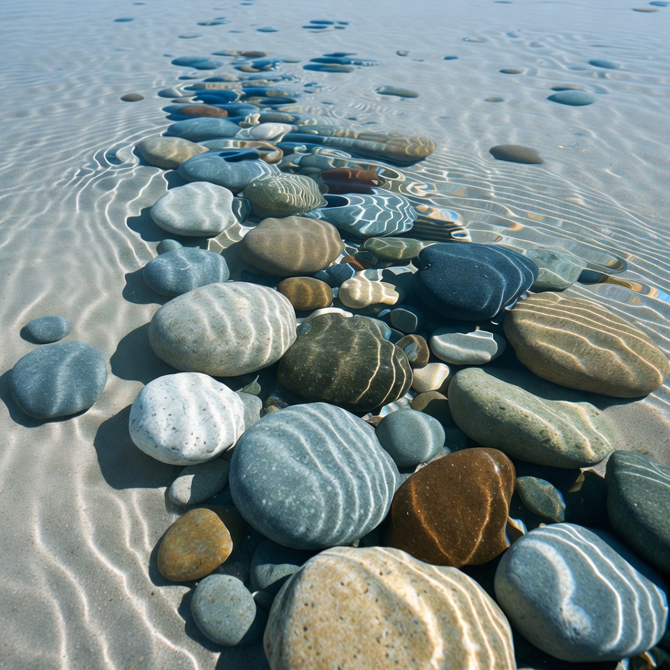 Colorful pebbles in shallow beach water Colorful pebbles in shallow beach water