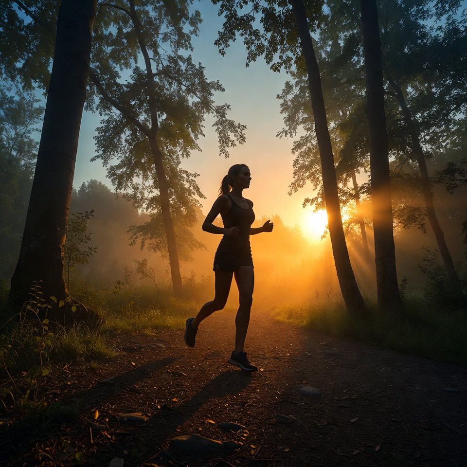 Woman jogging in forest at sunrise Woman jogging in forest at sunrise