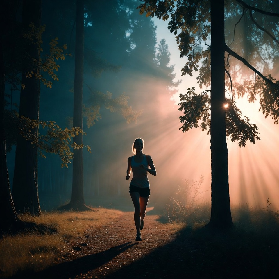 Woman running in misty forest trail Woman running in misty forest trail