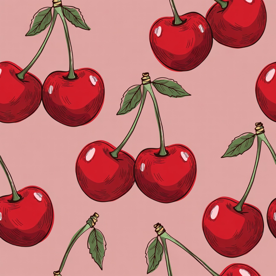 Red Cherries Pattern on Pink Background Red Cherries Pattern on Pink Background