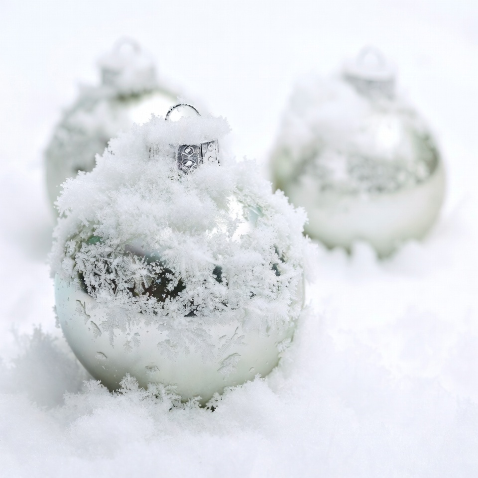 Snow-Covered Silver Christmas Ornaments Snow-Covered Silver Christmas Ornaments