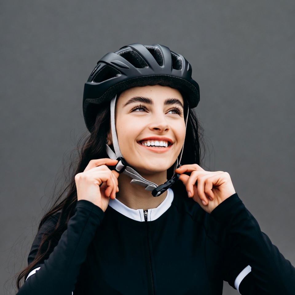 Smiling woman adjusting bike helmet Smiling woman adjusting bike helmet