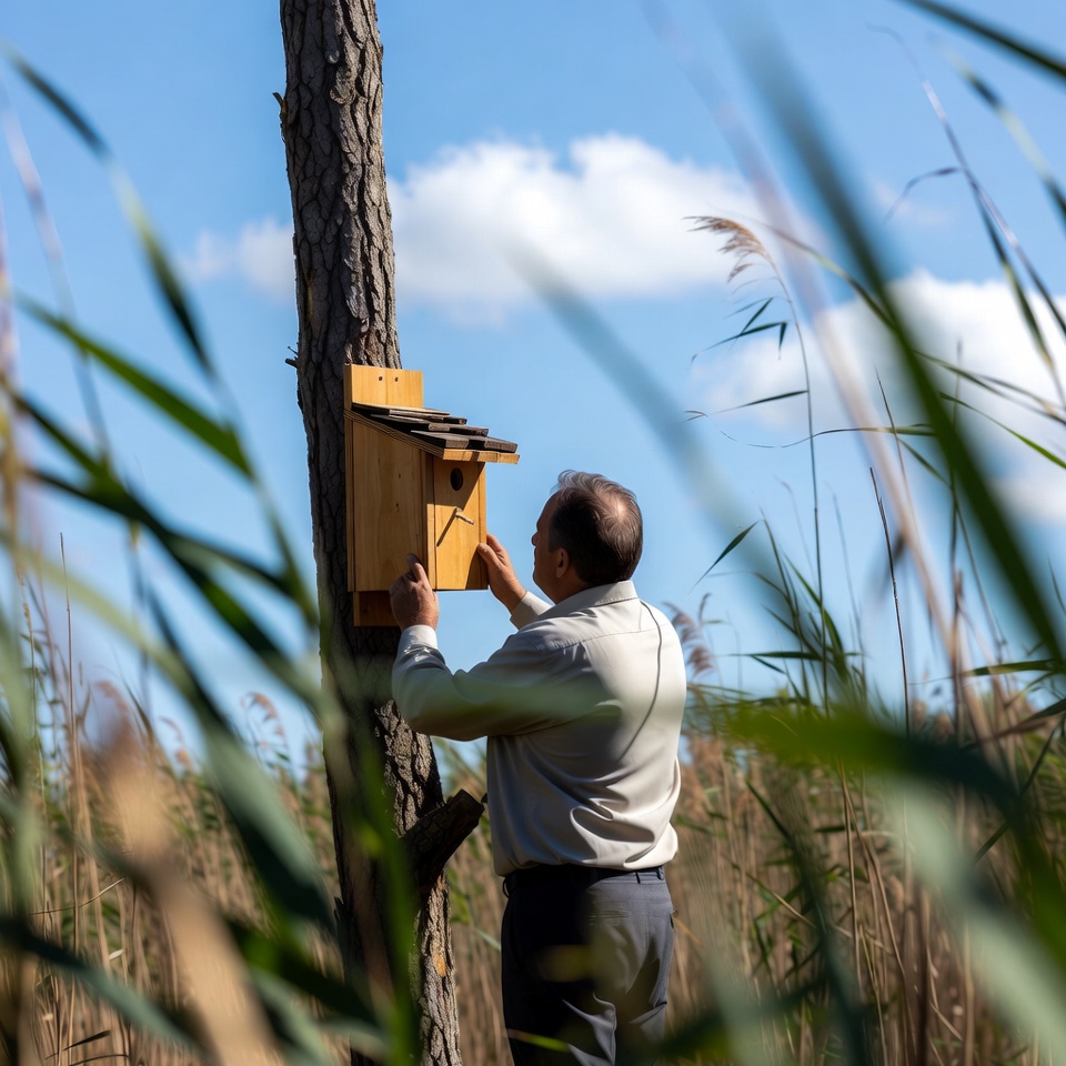 Man installing birdhouse on tree Man installing birdhouse on tree