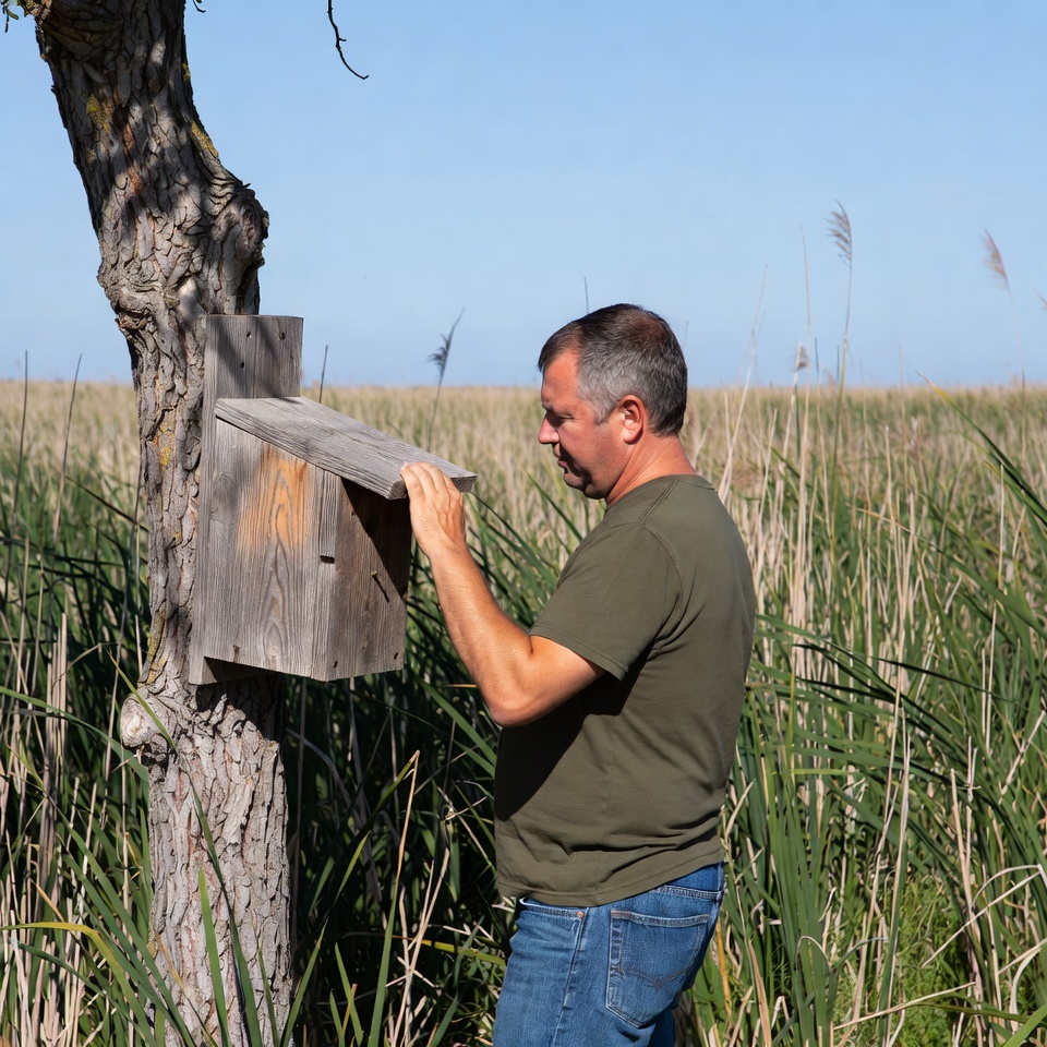 Man checking birdhouse on tree Man checking birdhouse on tree