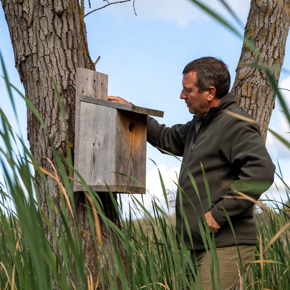 Man examining birdhouse on tree Man examining birdhouse on tree
