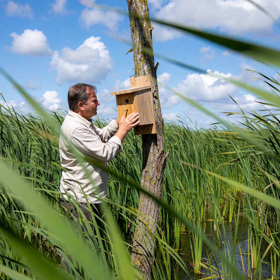 Man installing birdhouse on tree Man installing birdhouse on tree