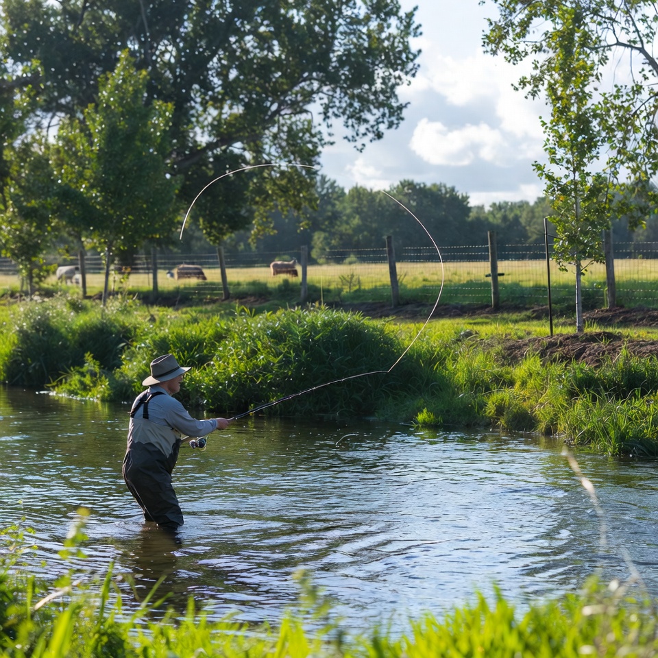 Man fly fishing in river Man fly fishing in river