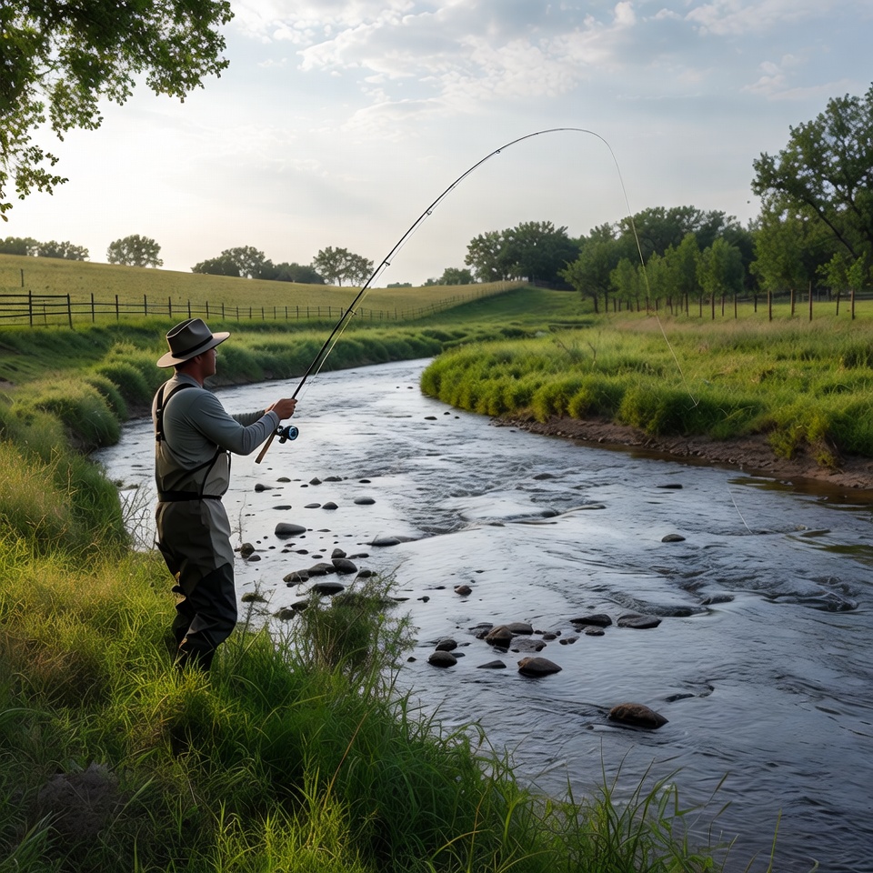 Man fly fishing in river Man fly fishing in river