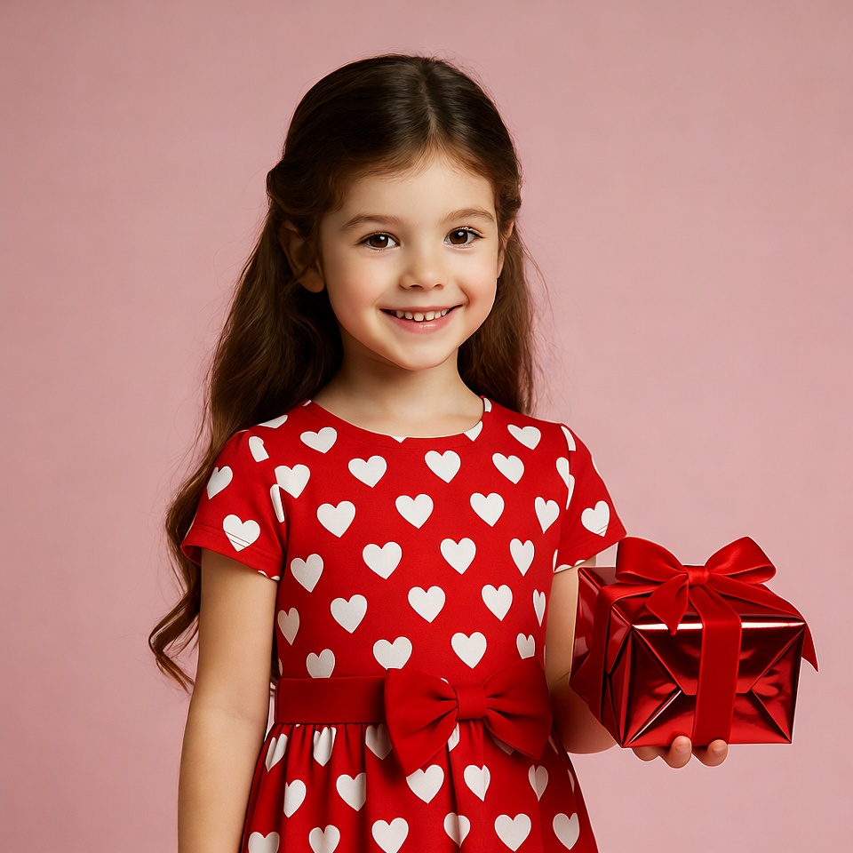 Girl holding red heart gift box Girl holding red heart gift box