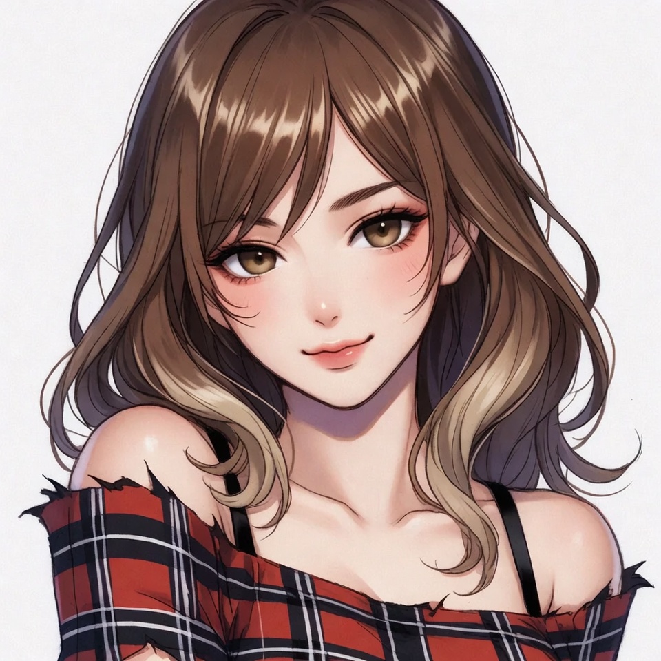 Anime girl with brown hair and plaid top Anime girl with brown hair and plaid top