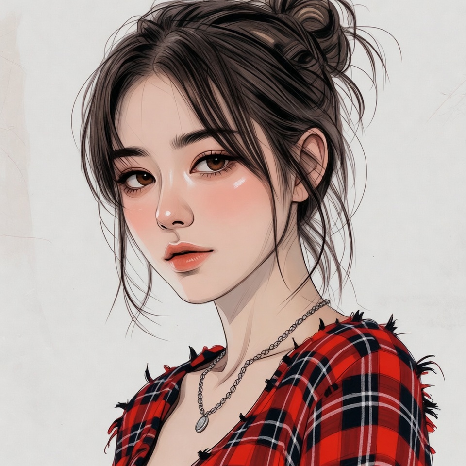 Asian woman in plaid shirt portrait Asian woman in plaid shirt portrait