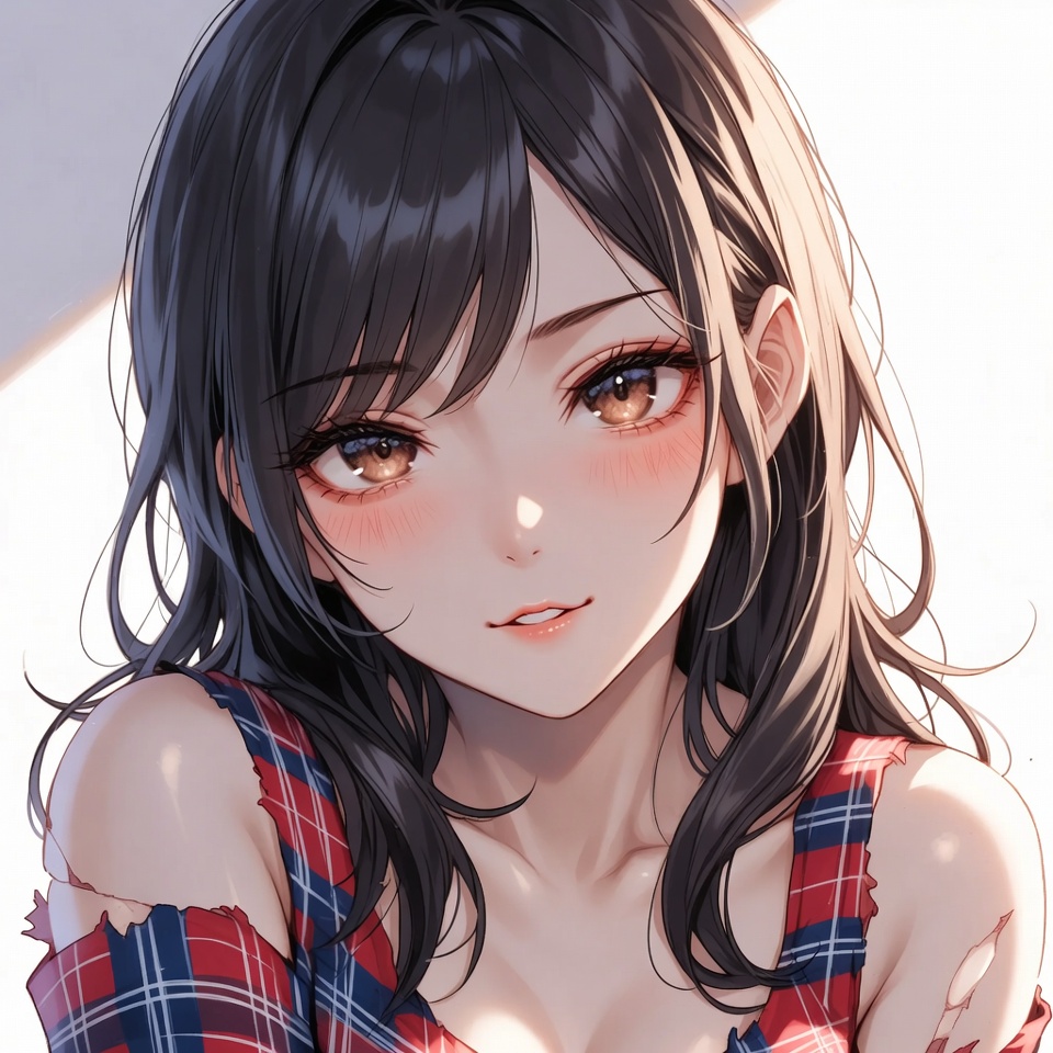 Anime girl with torn plaid top Anime girl with torn plaid top