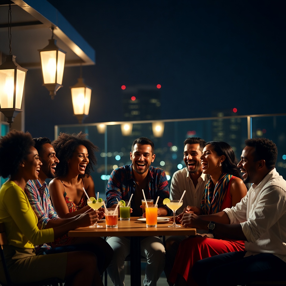 Diverse group laughing at rooftop bar Diverse group laughing at rooftop bar