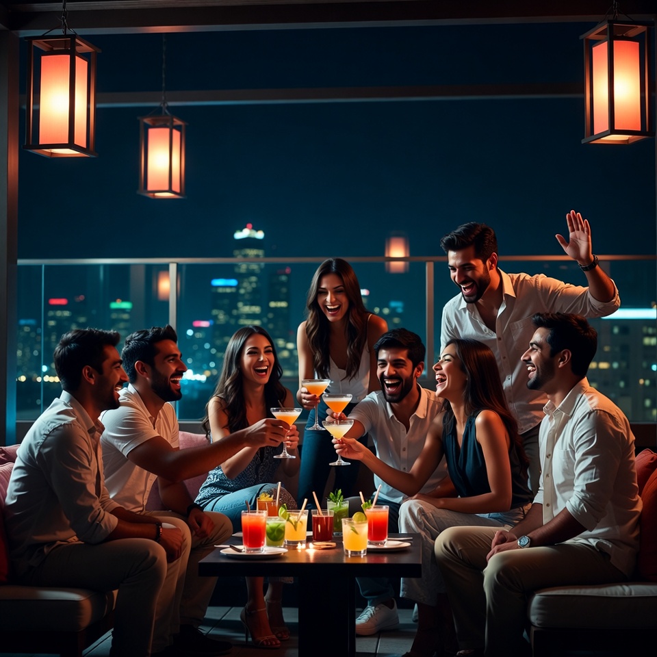 Group toasting drinks on rooftop bar Group toasting drinks on rooftop bar