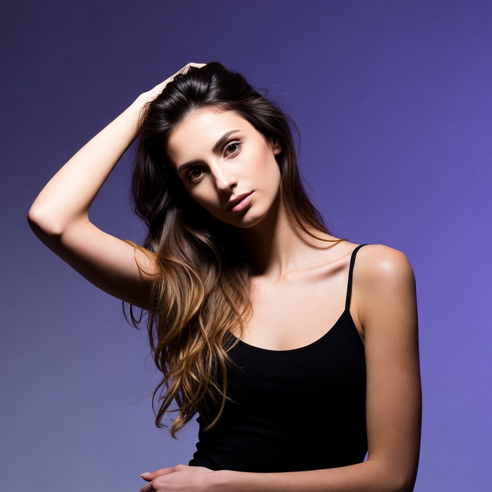 Woman touching hair on purple background Woman touching hair on purple background