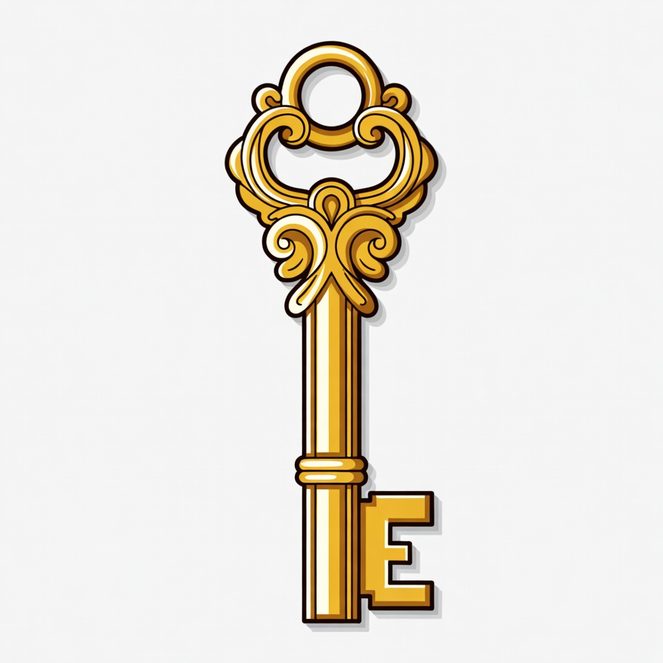 Golden ornate key with E Golden ornate key with E