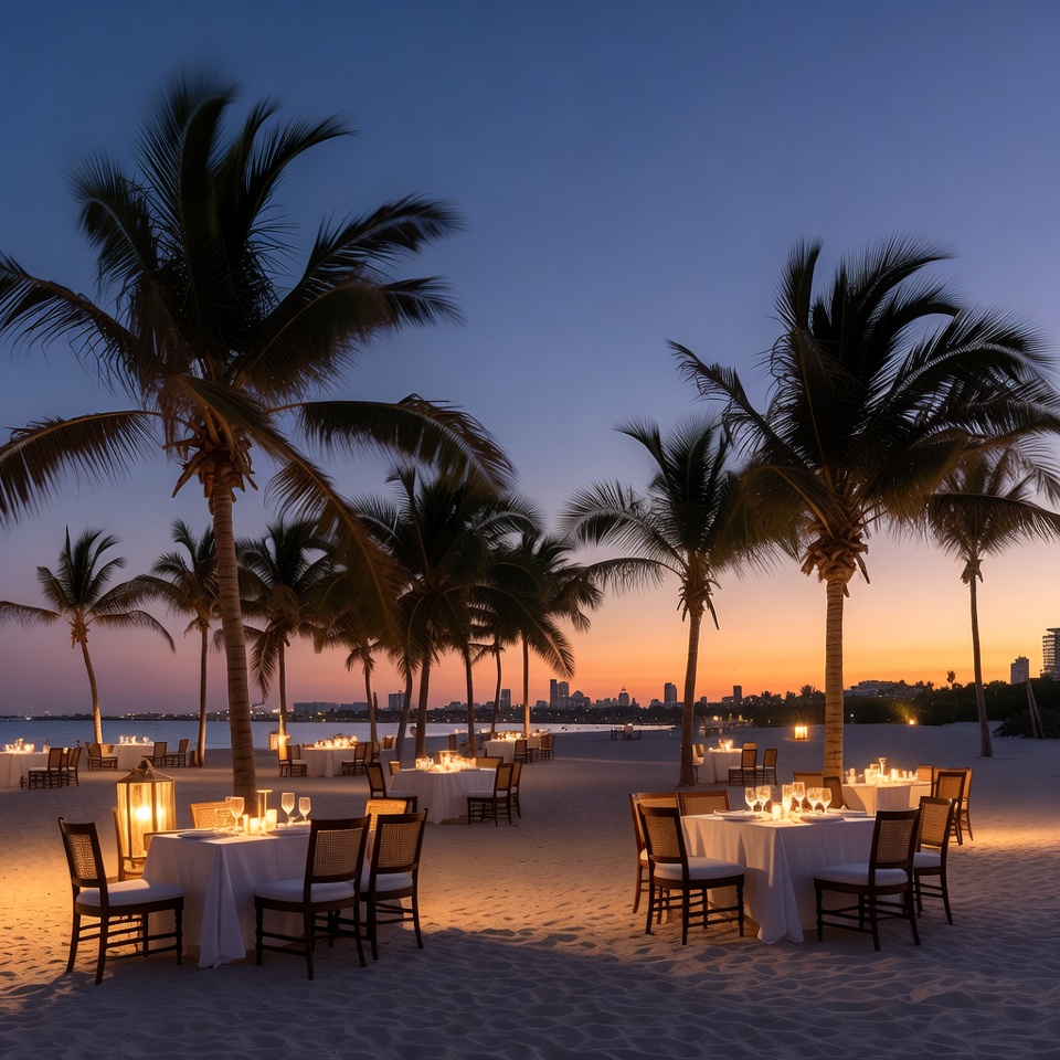 Beachfront Dinner Tables at Sunset Beachfront Dinner Tables at Sunset