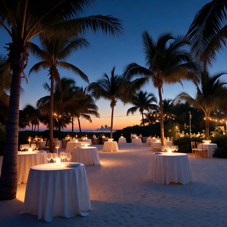 Romantic Beach Dinner Tables at Sunset Romantic Beach Dinner Tables at Sunset