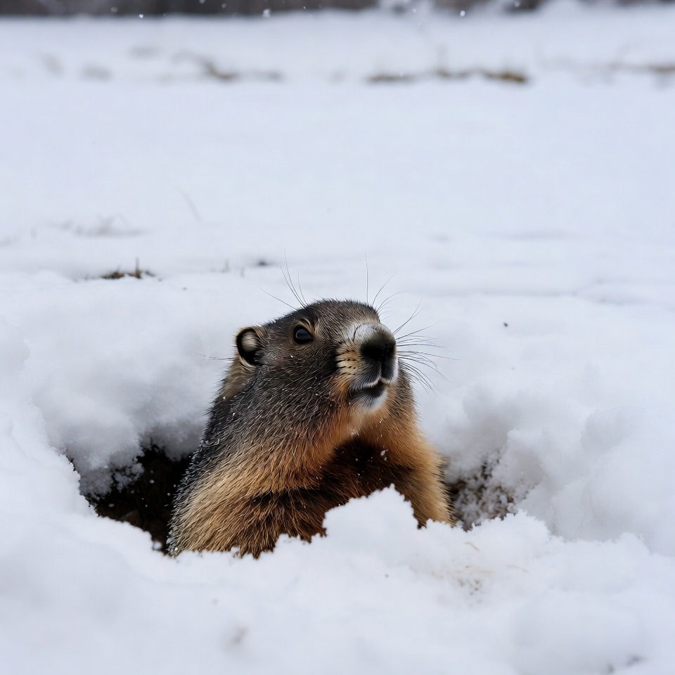 Groundhog emerging from snow burrow Groundhog emerging from snow burrow