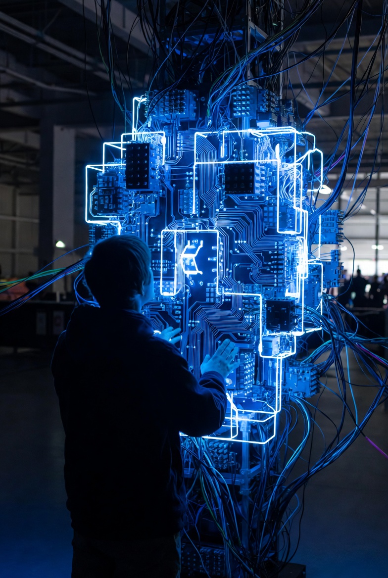 Man examining glowing circuit board installation Man examining glowing circuit board installation