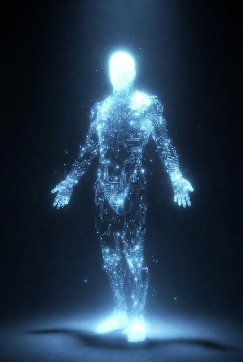Glowing Blue Cyber Human Figure Glowing Blue Cyber Human Figure