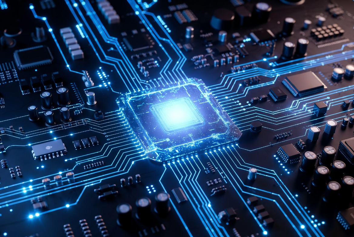 Glowing CPU on Circuit Board Glowing CPU on Circuit Board