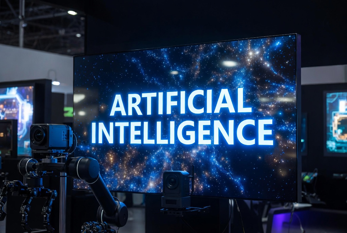 Artificial Intelligence Screen with Robot Arm Artificial Intelligence Screen with Robot Arm