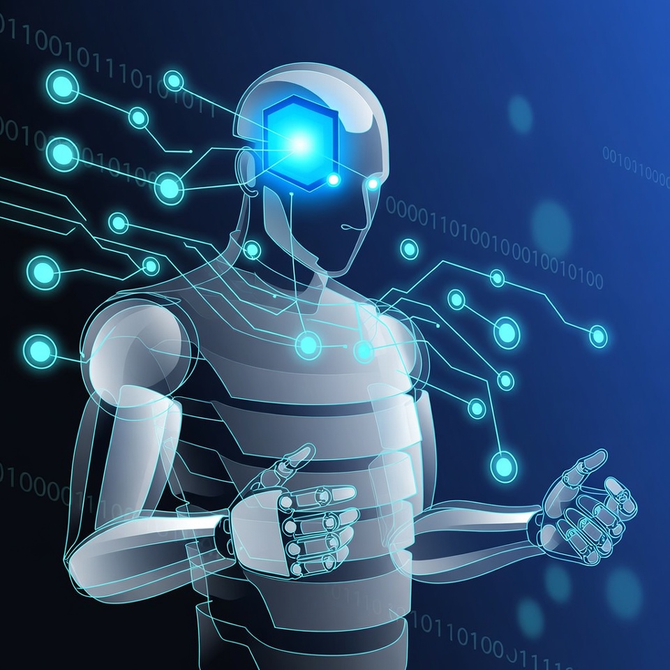 Futuristic Robot with Glowing Blue Head Futuristic Robot with Glowing Blue Head