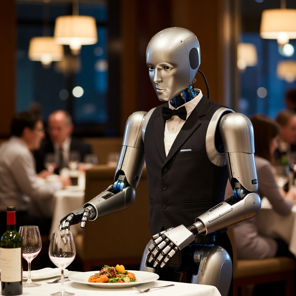 Robot waiter serving food in restaurant Robot waiter serving food in restaurant