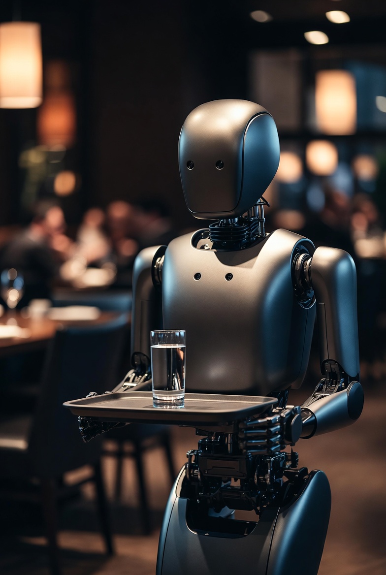 Robot waiter holding water glass Robot waiter holding water glass