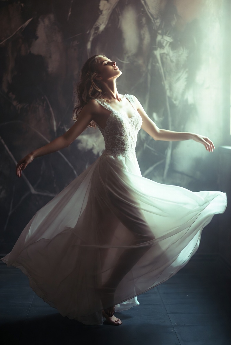 Woman dancing in flowing white gown Woman dancing in flowing white gown