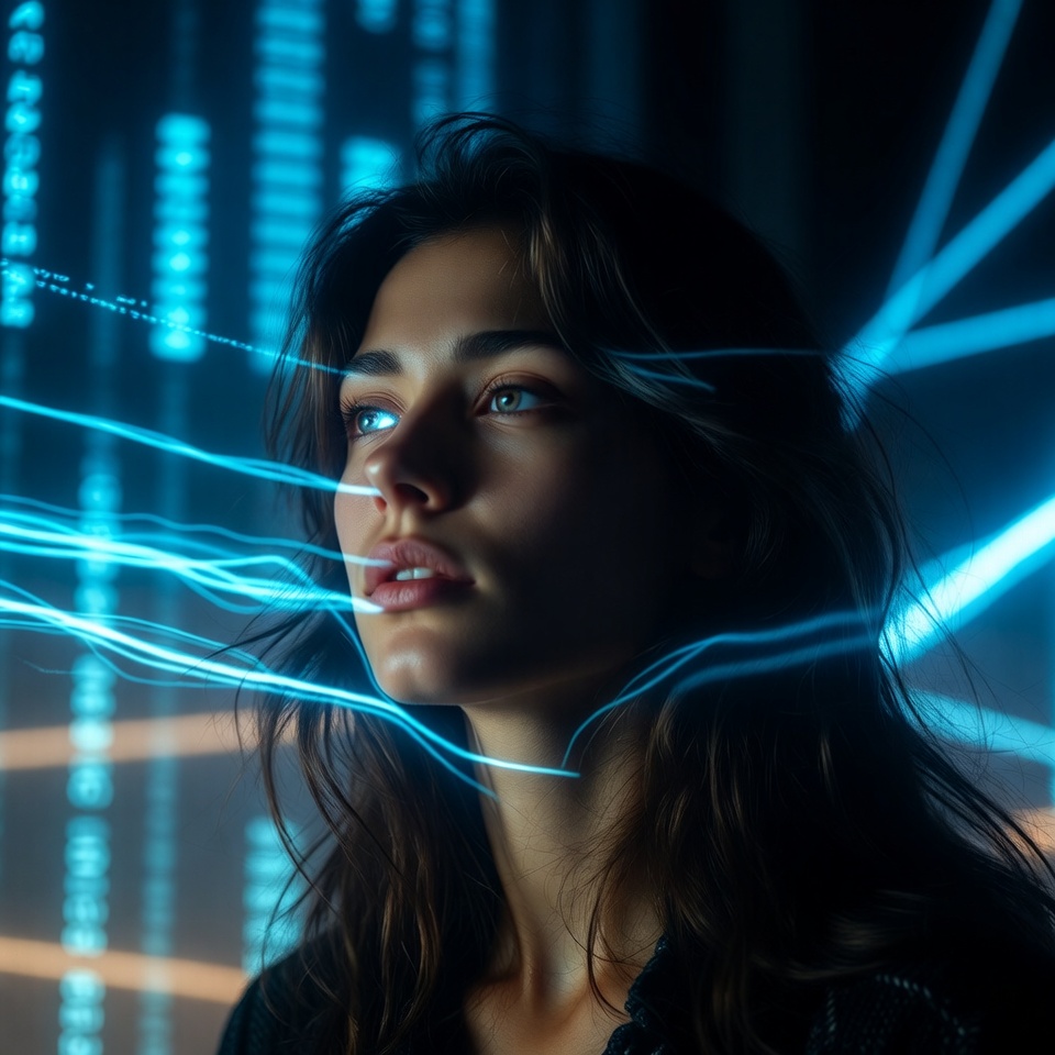 Woman with blue light trails Woman with blue light trails