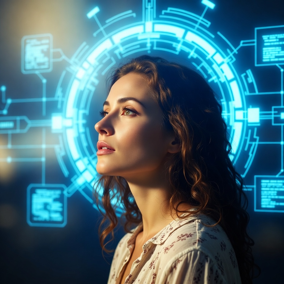 Woman with futuristic holographic interface Woman with futuristic holographic interface