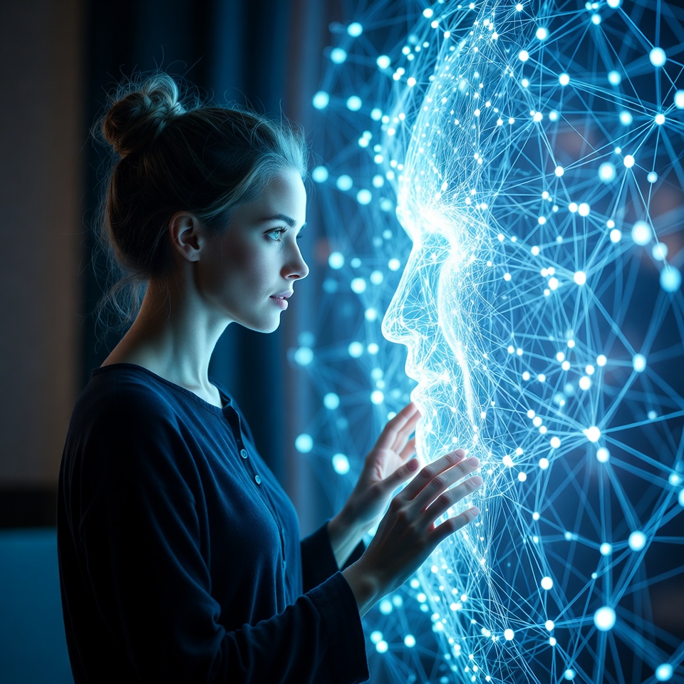 Woman touching holographic AI face Woman touching holographic AI face