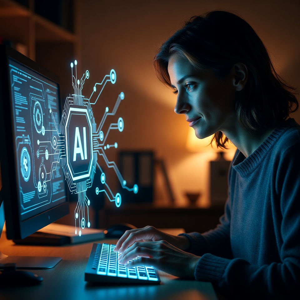 Woman working on AI computer at night Woman working on AI computer at night