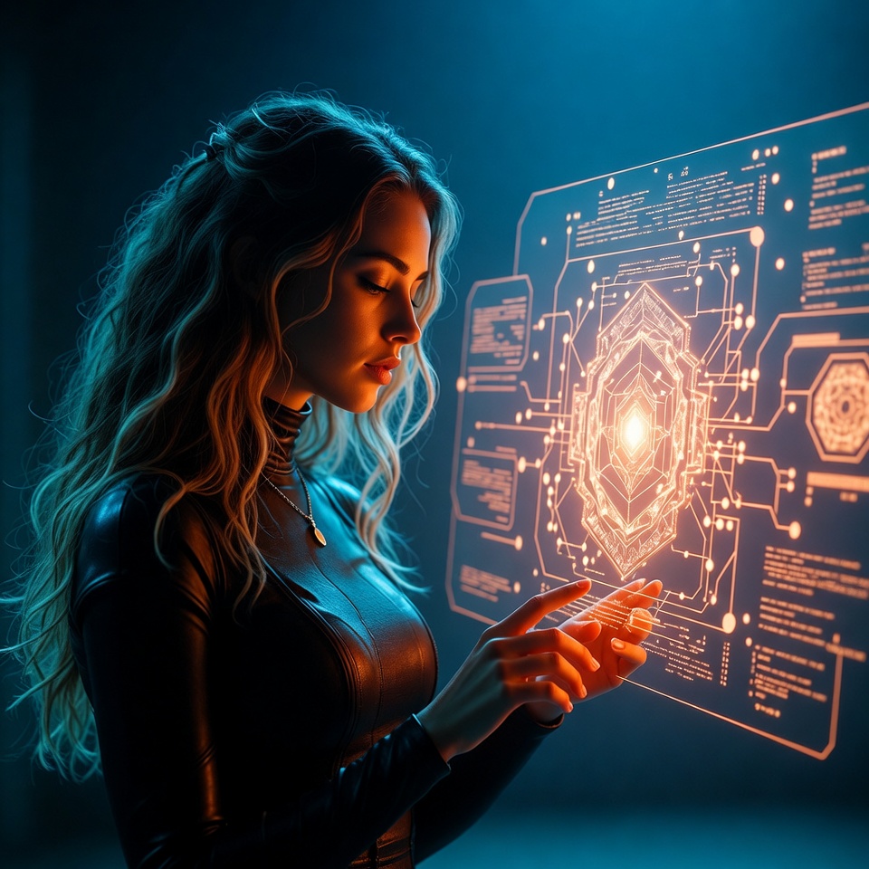 Woman interacting with holographic interface Woman interacting with holographic interface