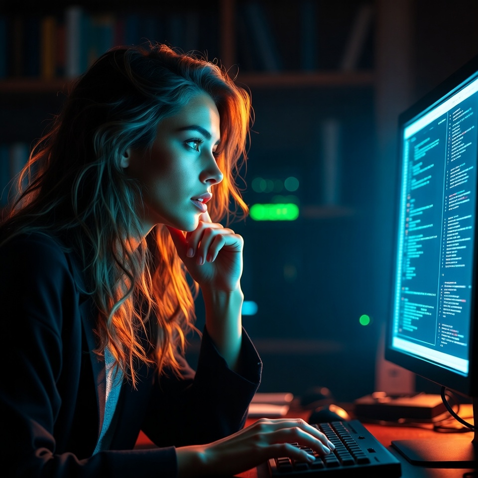 Woman coding on computer at night Woman coding on computer at night