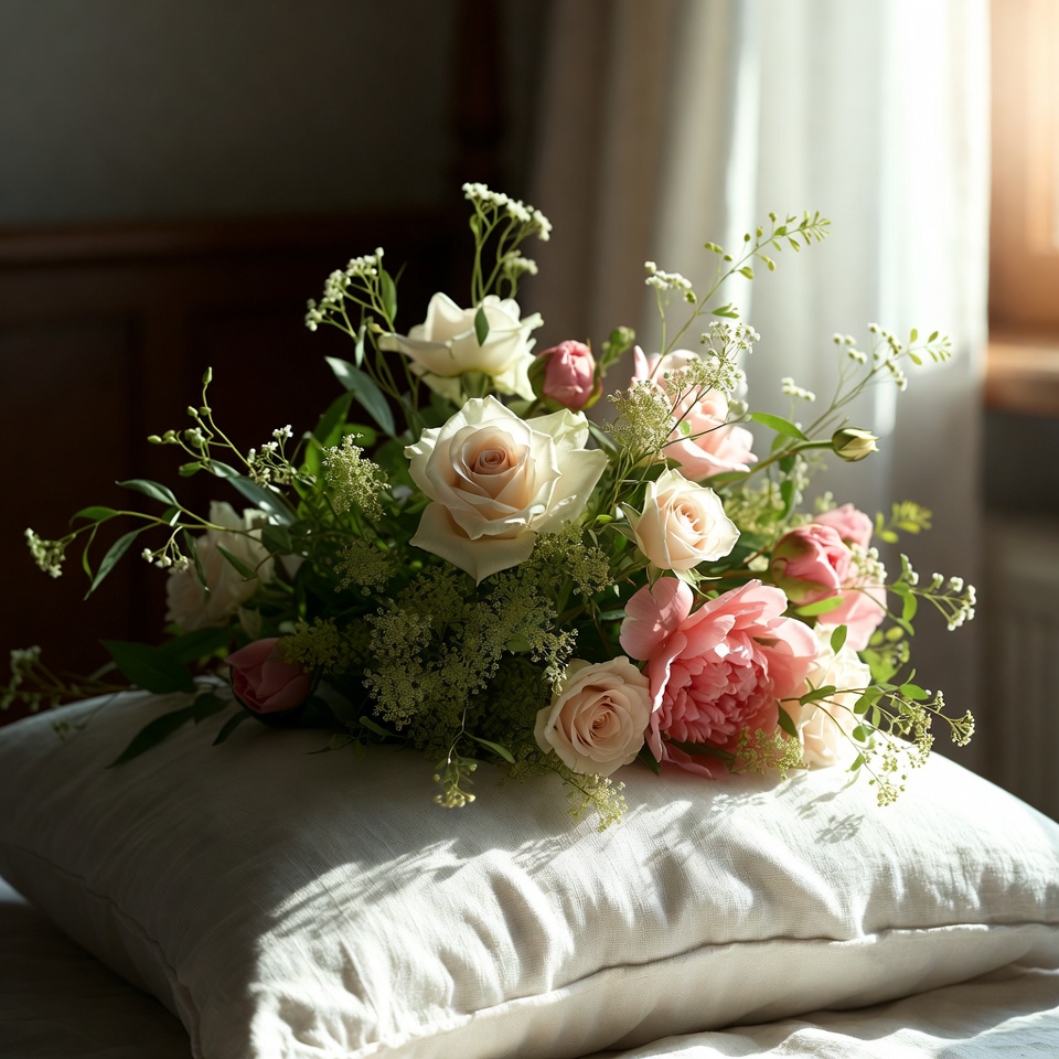 Pink and White Roses Bouquet on Pillow Pink and White Roses Bouquet on Pillow