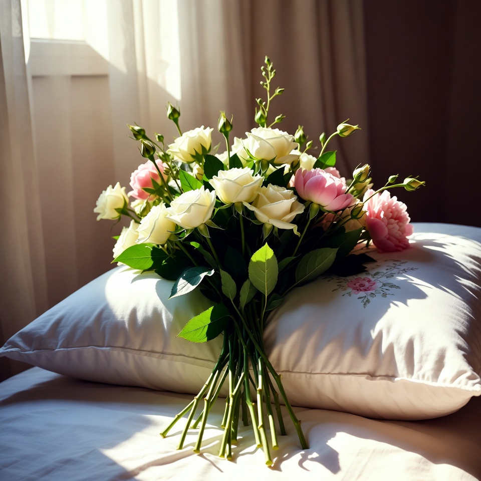 Pink and White Roses on Pillow Pink and White Roses on Pillow