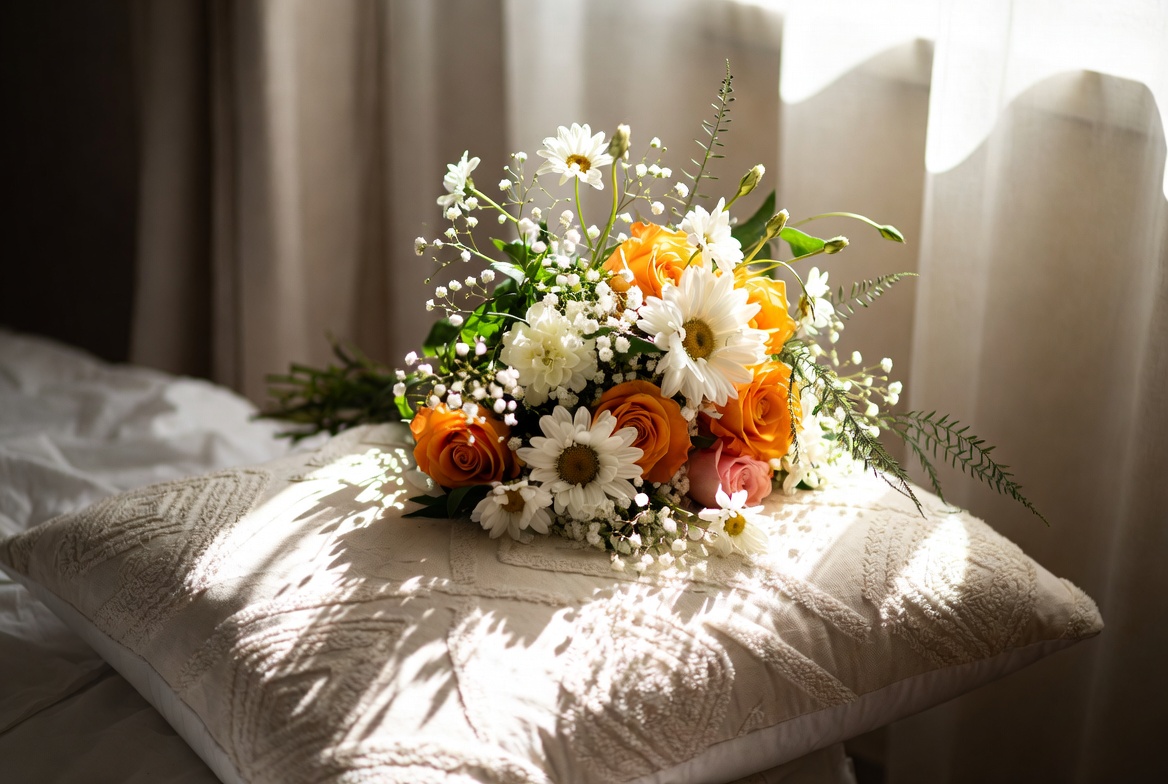 Orange Daisies Bouquet on White Pillow Orange Daisies Bouquet on White Pillow