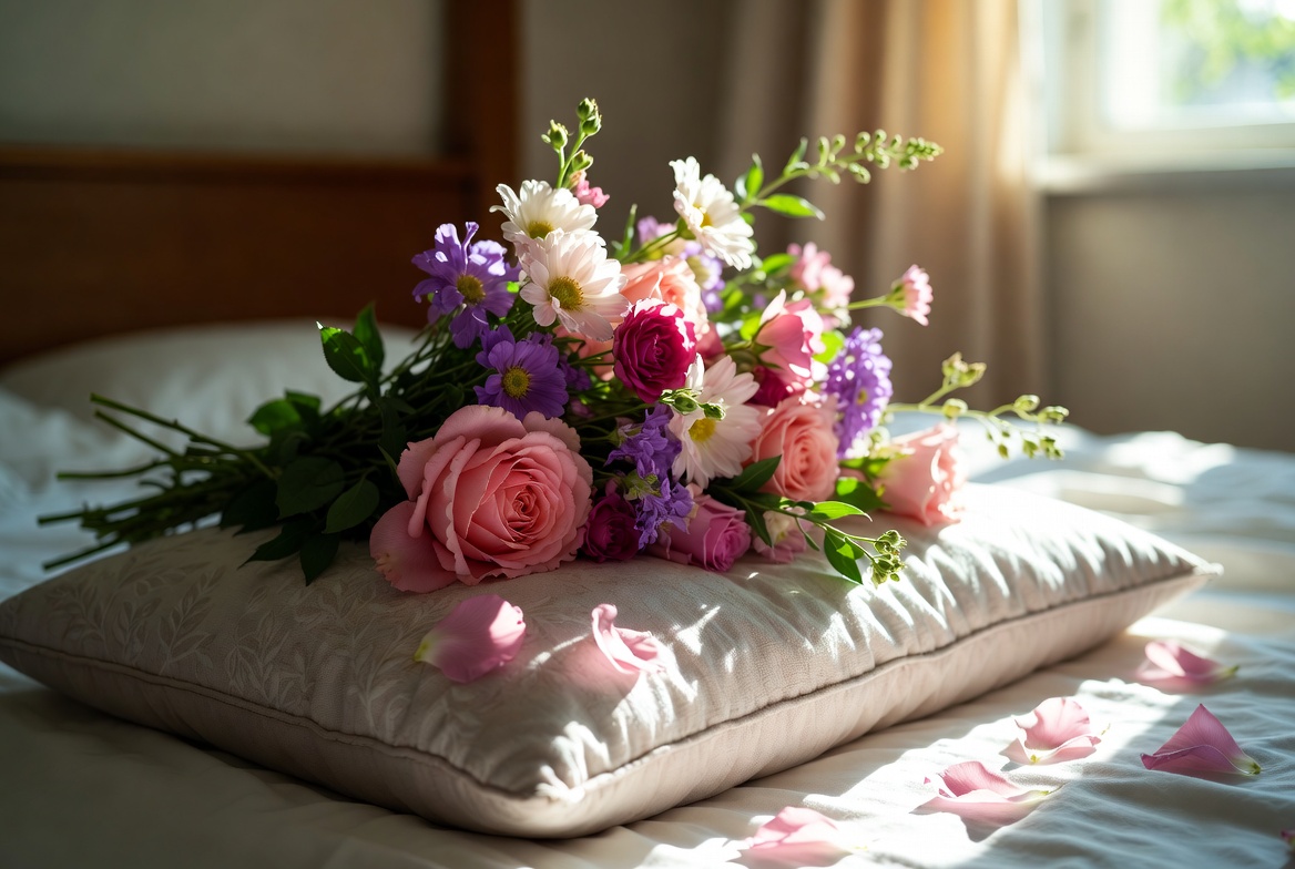 Bouquet of pink and purple flowers on bed Bouquet of pink and purple flowers on bed
