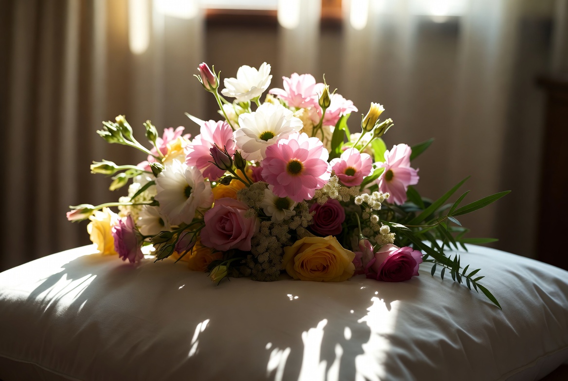 Colorful Flower Bouquet on White Pillow Colorful Flower Bouquet on White Pillow