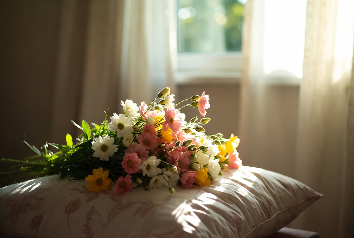 Colorful Flowers Bouquet on Pillow Colorful Flowers Bouquet on Pillow