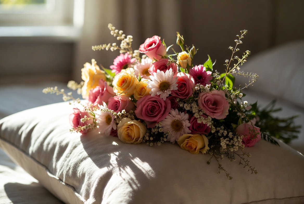 Colorful Roses Bouquet on White Pillow Colorful Roses Bouquet on White Pillow