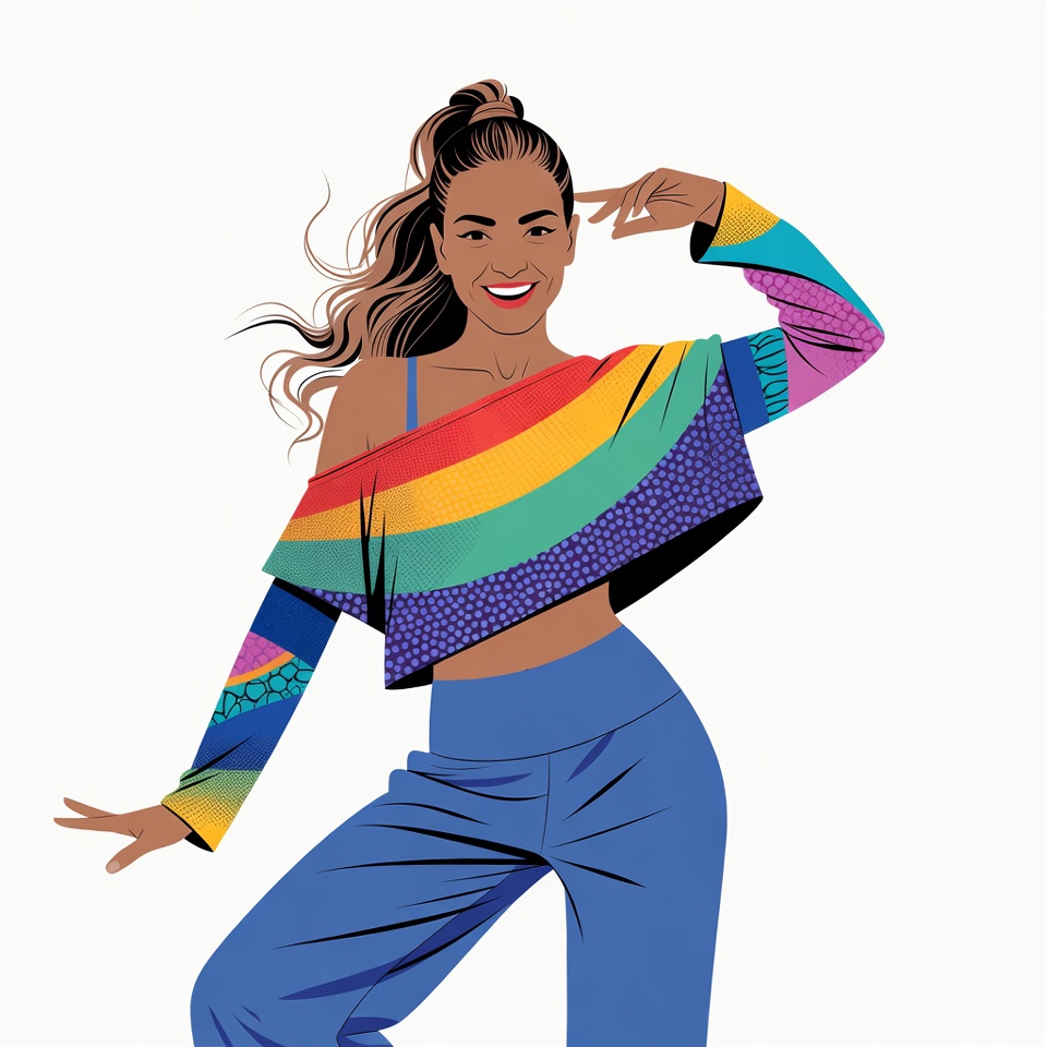 Smiling woman in rainbow off-shoulder top Smiling woman in rainbow off-shoulder top