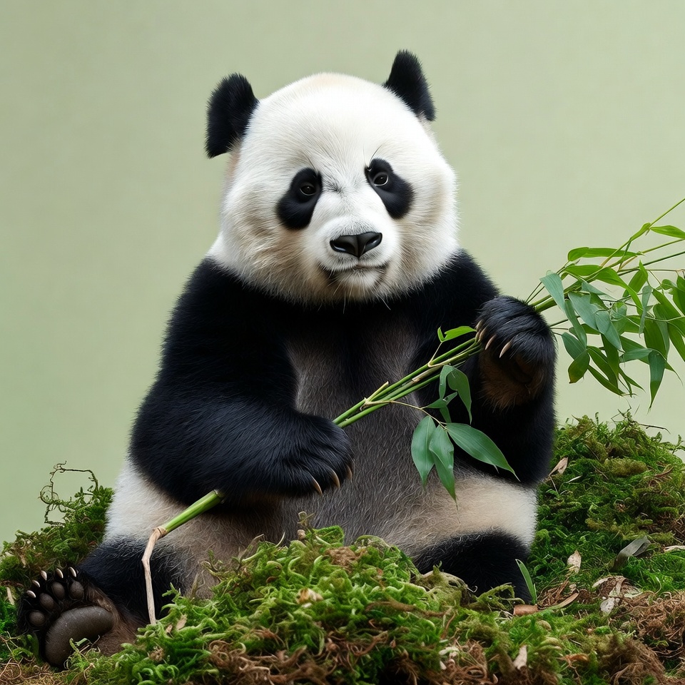 Panda holding bamboo on moss Panda holding bamboo on moss