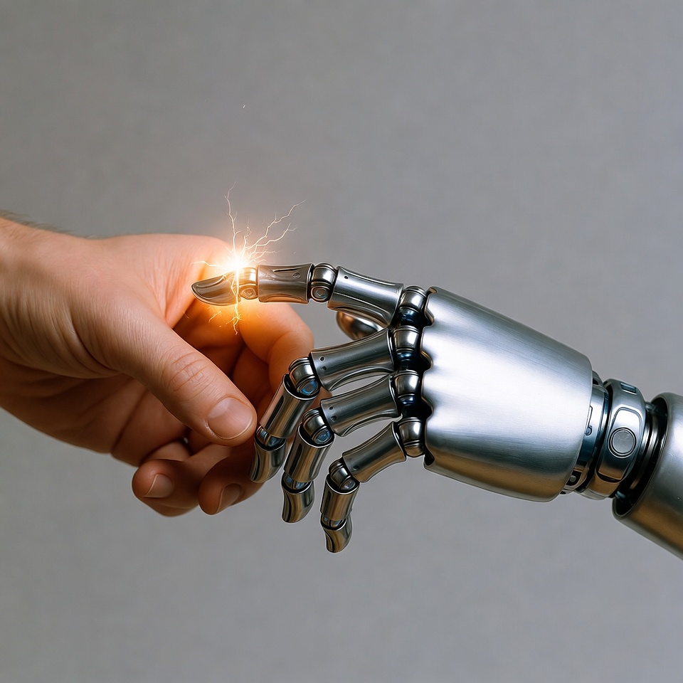 Human hand touching robotic hand with spark Human hand touching robotic hand with spark